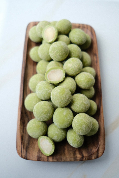 A tray of matcha macadamia nuts