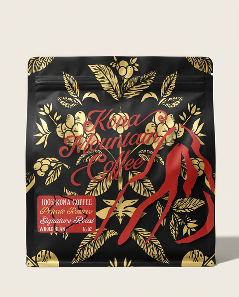 A stand-up pouch of Kona Mountain Coffee Signature Roast whole bean coffee. The packaging is black with ornate gold botanical illustrations, red cursive brand lettering, and a red mountain, photographed against a light beige background.