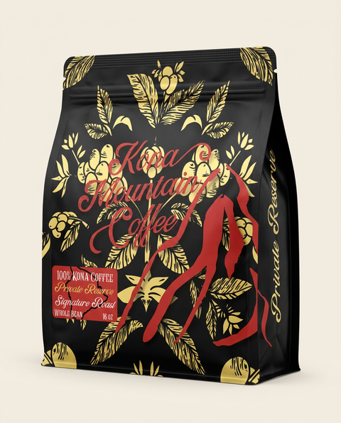 A stand-up coffee bag on a plain light beige background. The packaging is predominantly black with ornate gold botanical illustrations and red script and graphic elements.