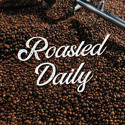 A close-up view of roasted coffee beans filling the frame, with a metal auger or conveyor visible at the top right and large white script text reading 'Roasted Daily' across the center.