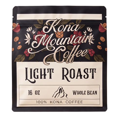 A 16 oz stand-up pouch of Kona Mountain Coffee Light Roast whole bean coffee, featuring a cream and black label with botanical illustrations of coffee cherries and leaves. 100% Kona Coffee